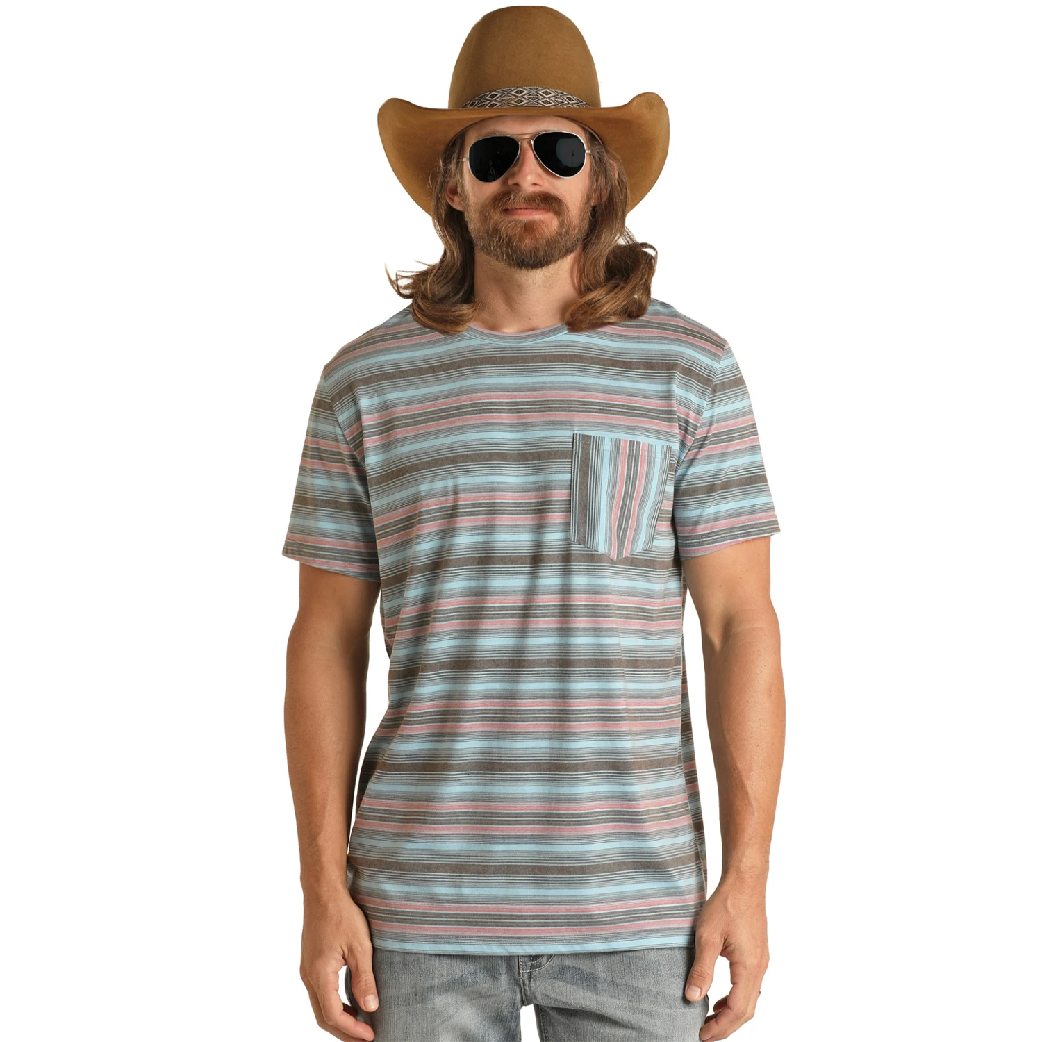Rock & Roll Cowboy Unisex Turquoise Striped T-Shirt RRMT21RZMP-87 1 Rock & Roll Cowboy Unisex Turquoise Striped T-Shirt RRMT21RZMP-87