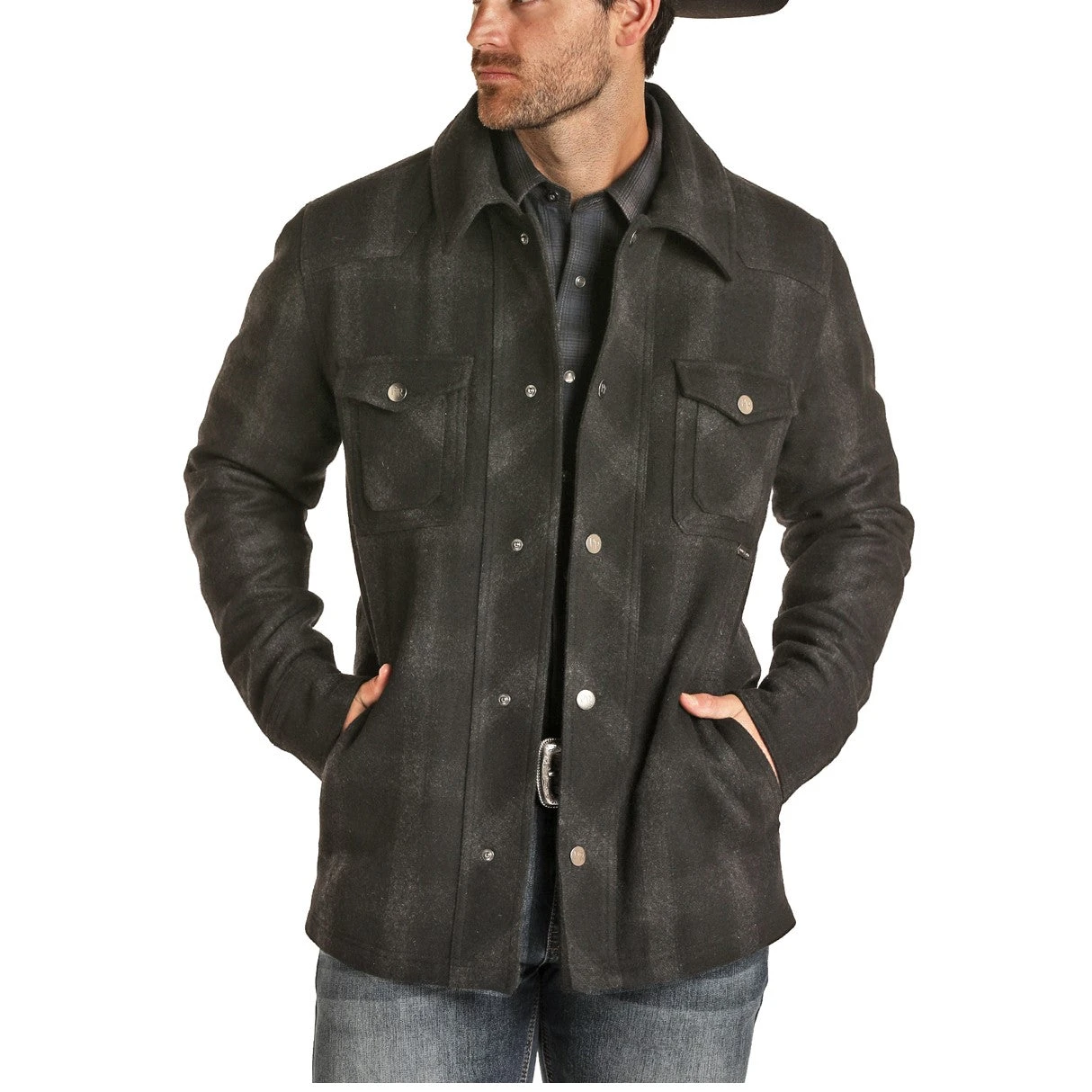 Powder River Men's Charcoal Plaid Wool Commander Jacket 92-1007-02 2 Powder River Men's Charcoal Plaid Wool Commander Jacket 92-1007-02 - Image 2