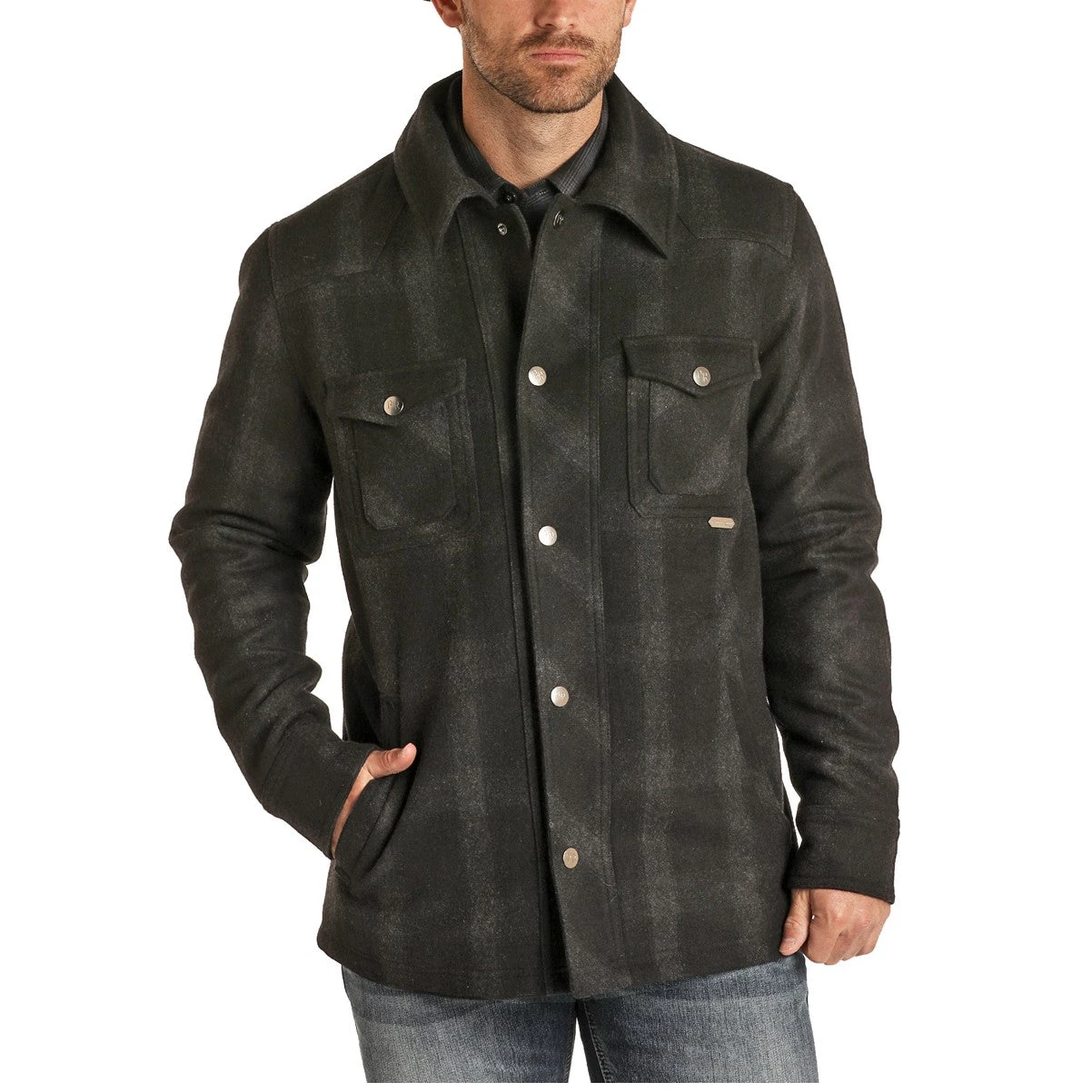 Powder River Men's Charcoal Plaid Wool Commander Jacket 92-1007-02 1 Powder River Men's Charcoal Plaid Wool Commander Jacket 92-1007-02