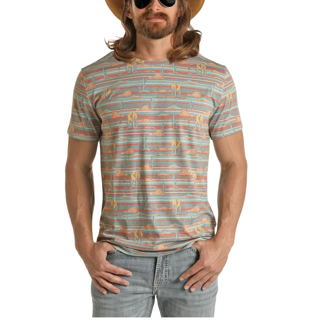 Rock & Roll Denim Men's Cactus Sunset Print Multi-Color T-shirt P9-3369 1 Rock & Roll Denim Men's Cactus Sunset Print Multi-Color T-shirt P9-3369