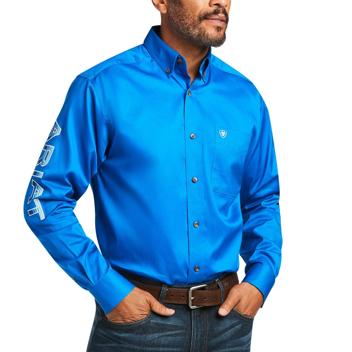 Ariat® Men's Team Logo Twill Dierectoire Blue Button Up Shirt 10039370 1 Ariat® Men's Team Logo Twill Dierectoire Blue Button Up Shirt 10039370