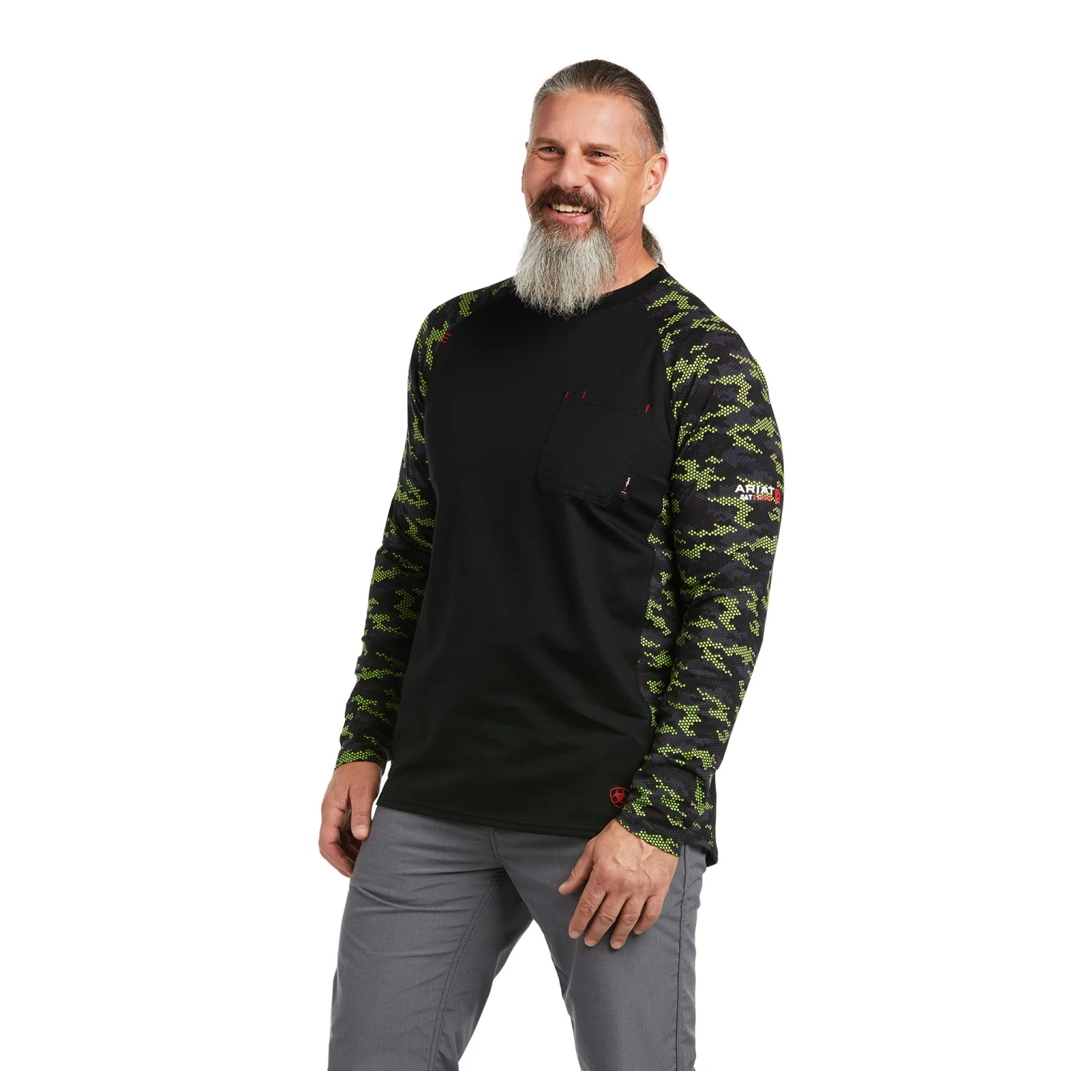 Ariat® Men's FR Stretch Camo Baseball Black/Lime T-Shirt 10039165 1 Ariat® Men's FR Stretch Camo Baseball Black/Lime T-Shirt 10039165