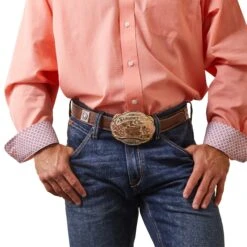 Ariat® Men's Wrinkle Free Solid Peach Pink Button Down Shirt 10043584 -Western Edge Men Sales Store S23 MNS WEST 10043584 front