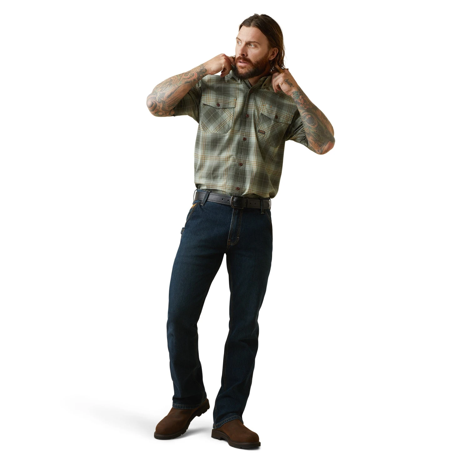 Ariat® Men's Rebar Made Tough DuraStretch™ Green Plaid Shirt 10043490 2 Ariat® Men's Rebar Made Tough DuraStretch™ Green Plaid Shirt 10043490 - Image 2