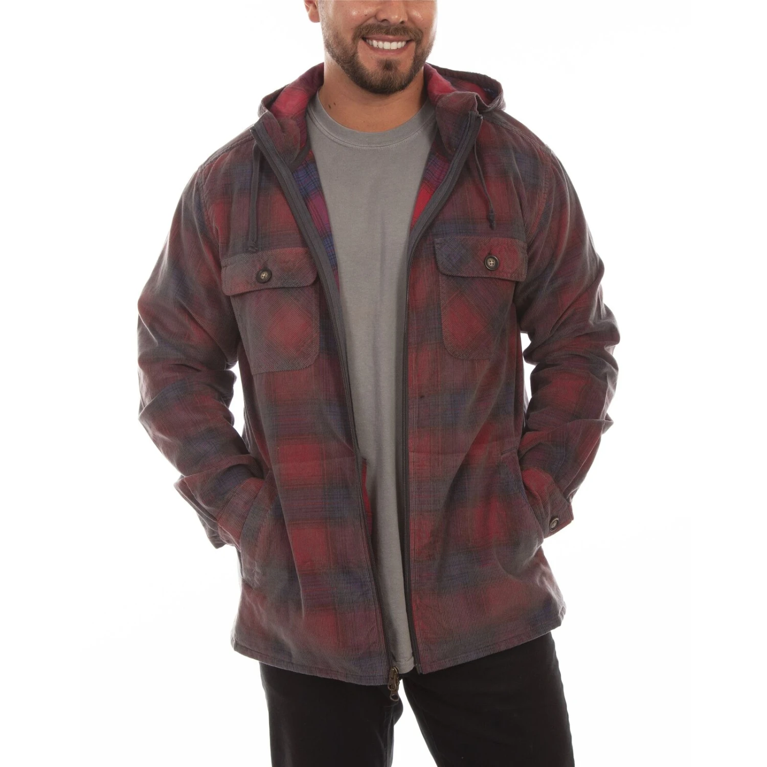 Scully Men's Red And Navy Zip Up Plaid Corduroy Hoodie 5270-RNV 1 Scully Men's Red And Navy Zip Up Plaid Corduroy Hoodie 5270-RNV